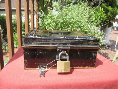 vintage heavy metal lock box with side handles and key|Antique Metal Lock Box for sale .